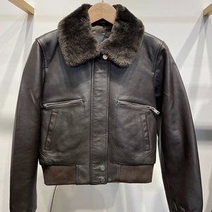 NWT MAJE 120BIRMAN LEATHER JACKET WITH FAUX FUR COLLAR SZ EU38
